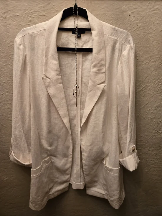 Linen Blend Blazer White Open Front Minimalist Chic Layering Jacket - Picture 3 of 10
